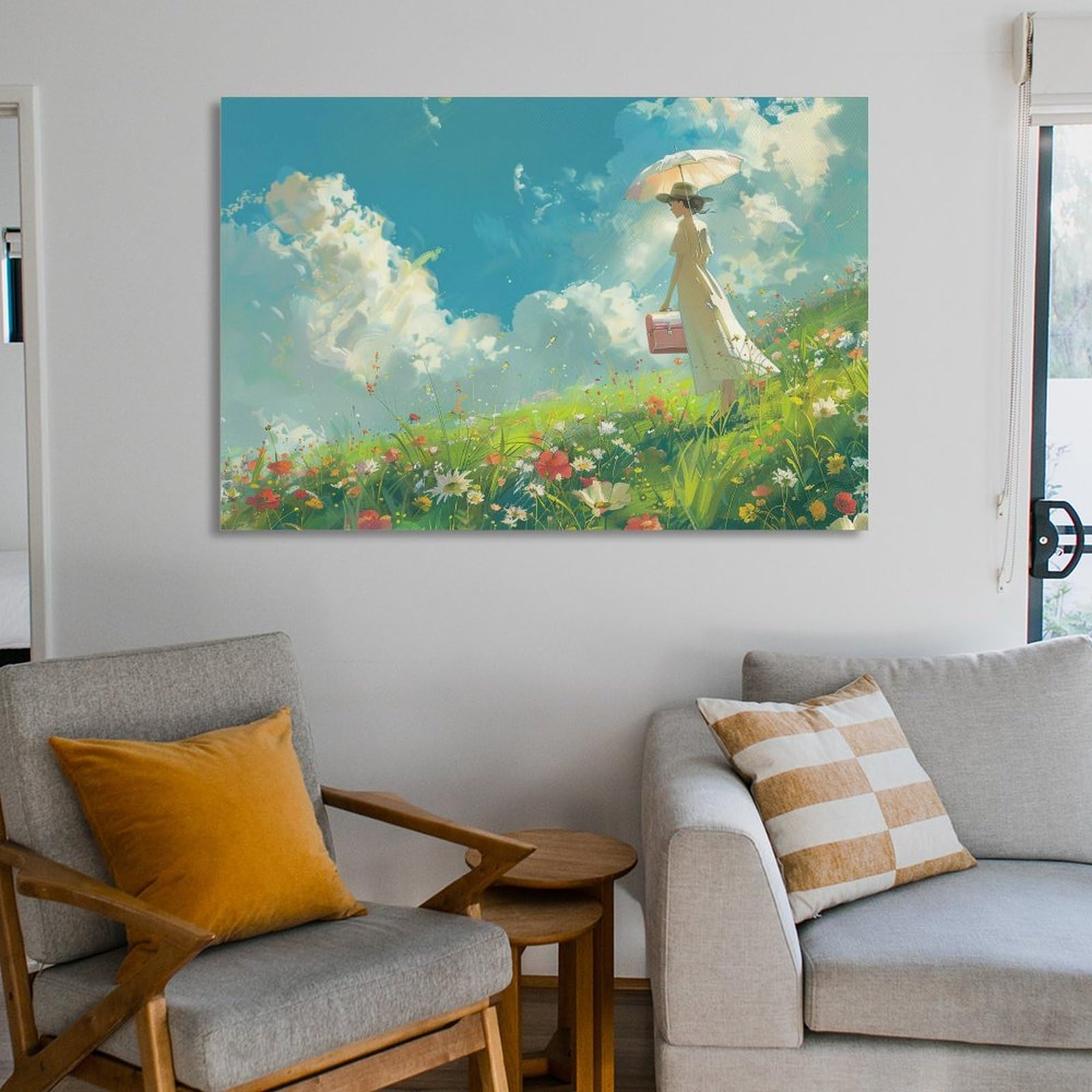 絵画 。壁掛け絵☆【きれいな白いスカートの女性が色とりどりの花を家に飾っている】 Amazon.co.jp: 絵画 花畑の景色を眺める白いドレスの女性 アート